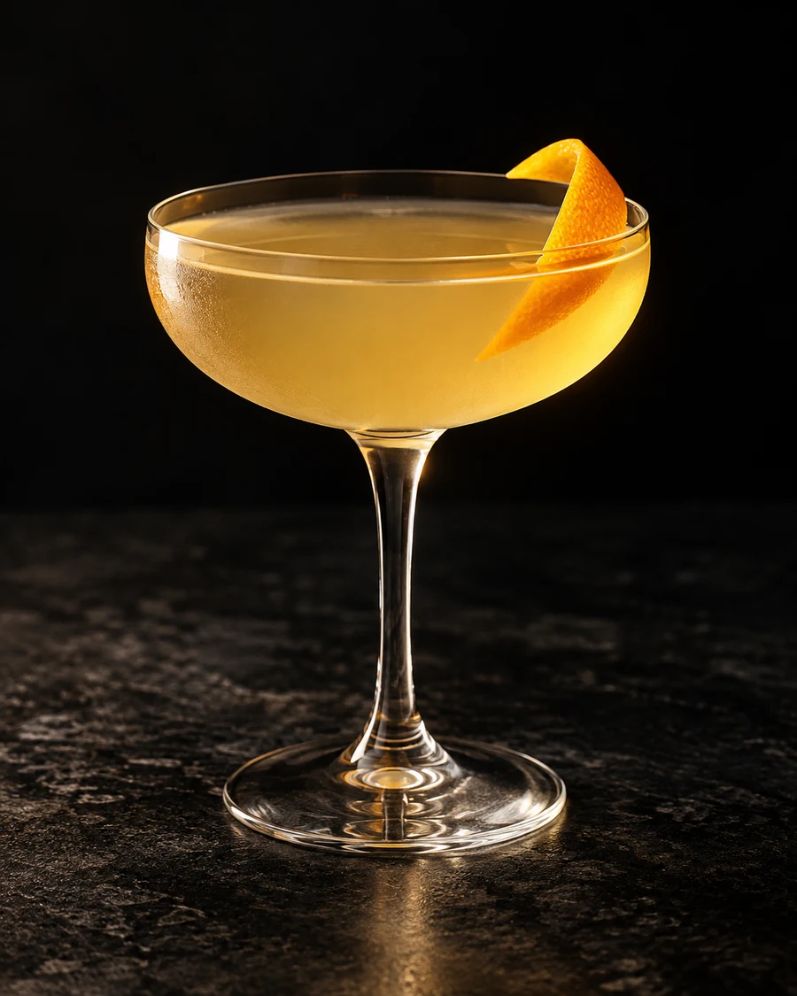 Balboa: Pale golden drink in coupe, orange twist and no ice.