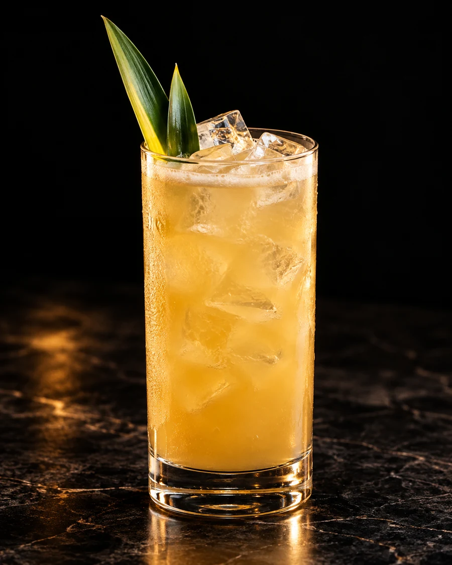 Baldwin's Sherry Colada. Highball with cubed ice, cloudy golden sherry-pineapple body and pineapple frond.