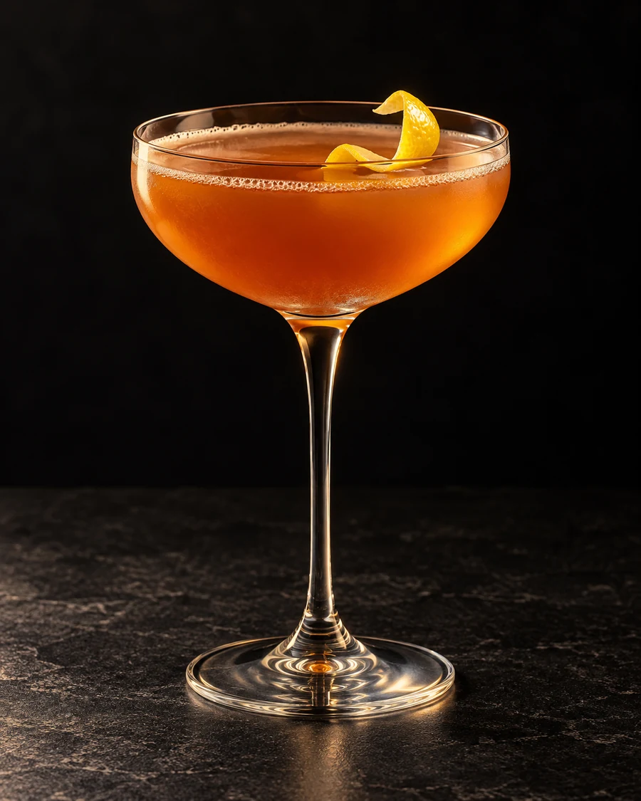 Balloon Farm in a chilled coupe, served without ice, with lemon twist, against a black background.