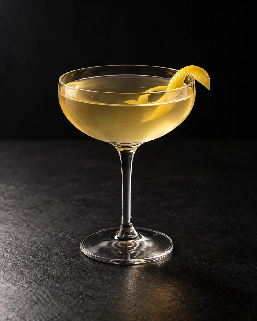 Pale straw-colored clear cocktail in a coupe, no ice, lemon twist.
