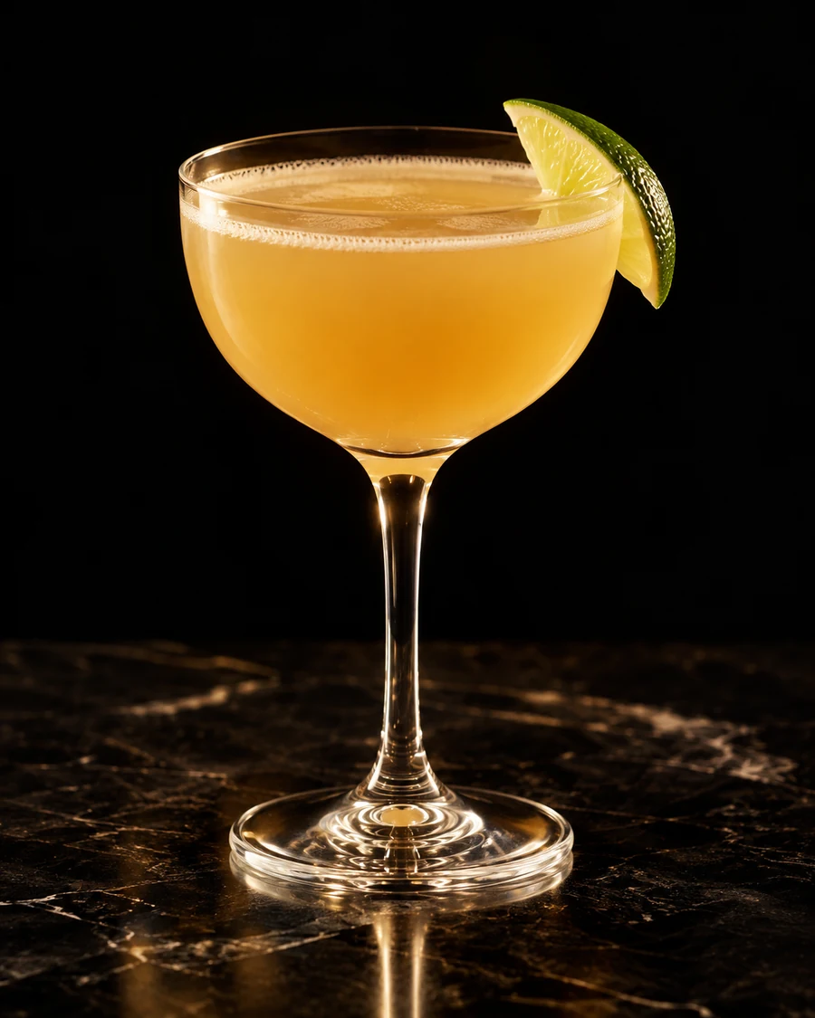 Banaquiri No.21. Nick and Nora glass with a golden rum-banana drink, no ice, thin natural froth and a lime wedge.
