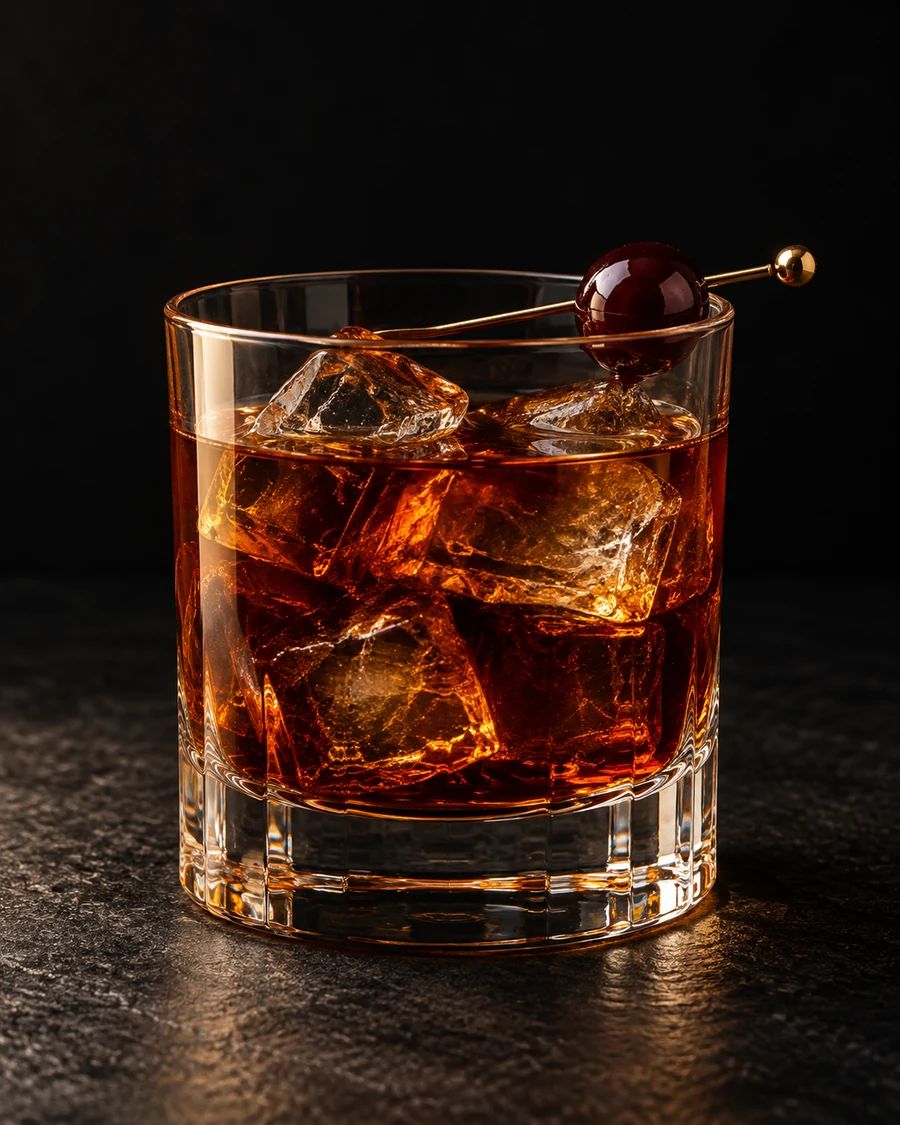 Bar Boss in a rocks glass, over fresh ice cubes, with cherry, against a black background.