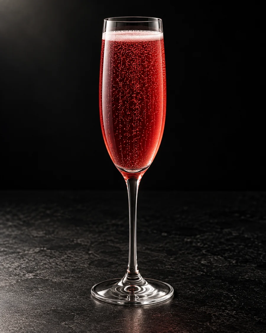 ruby-red Barbarella with fine bubbles in a large flute, no ice or visible garnish.