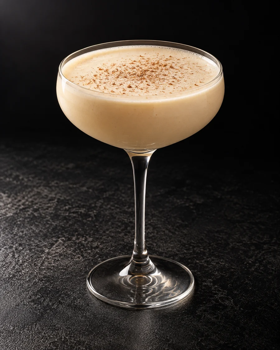 opaque pale beige Barbary Coast in a coupe with light nutmeg dusting, no ice.