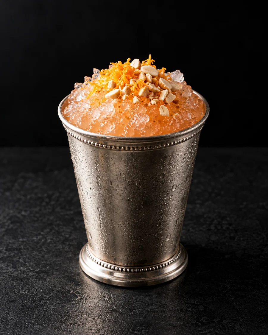 cloudy coral-orange Barber of Seville over crushed ice in a julep cup with a little orange zest and crushed almonds.