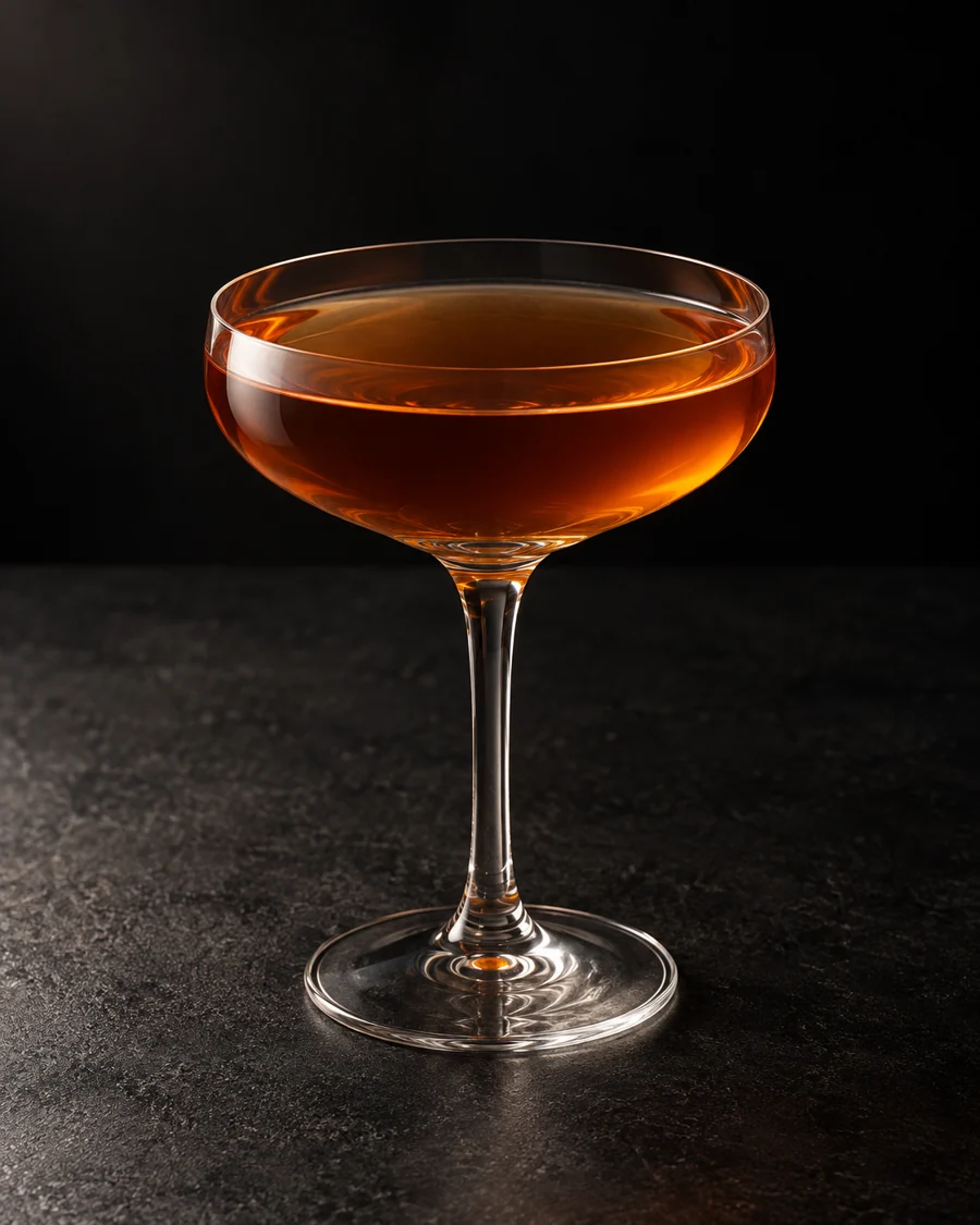 clear amber Bardsley in a coupe without ice or garnish.