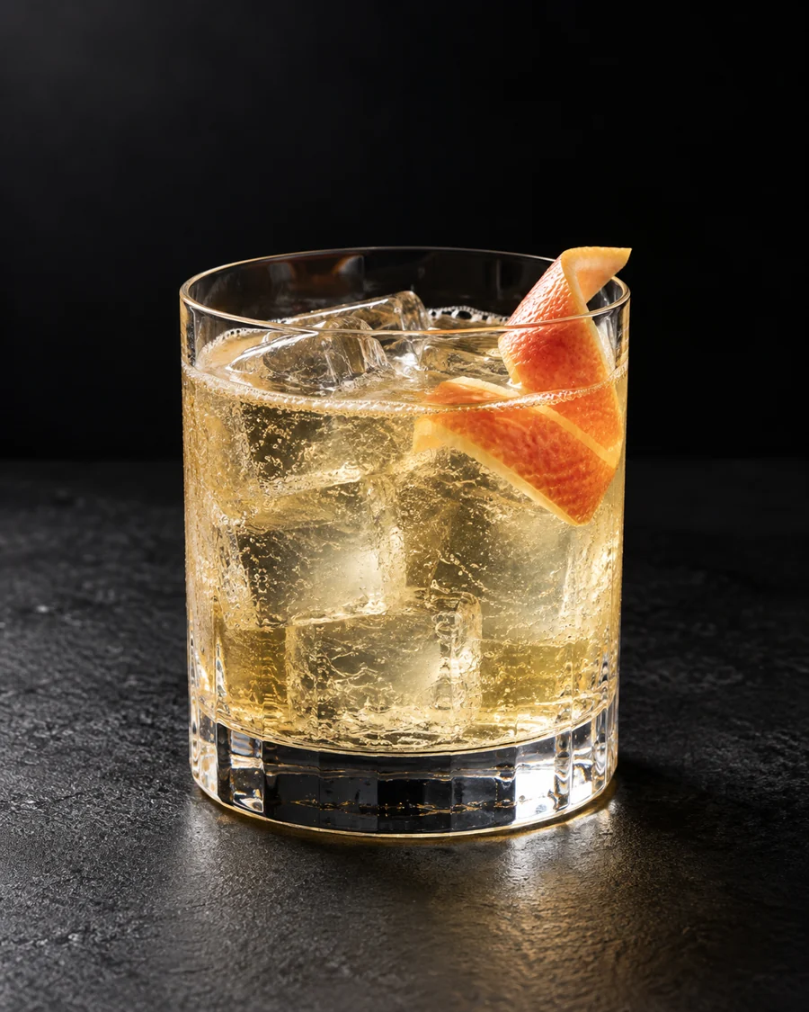 clear pale golden Bark and Bite in a large rocks glass over ice with grapefruit twist.
