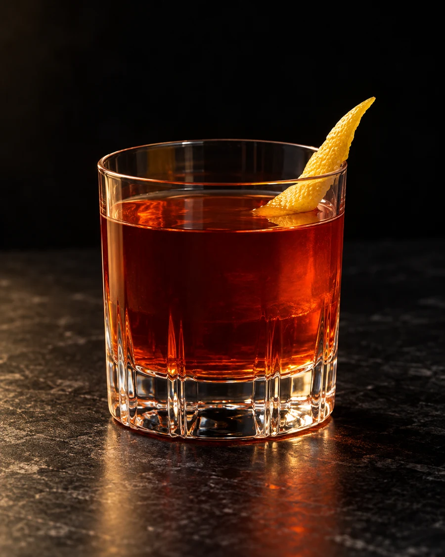 Barry's Corner: Clear ruby-red cocktail in a rocks glass with a slender yellow Buddha's Hand citron segment, served without ice.