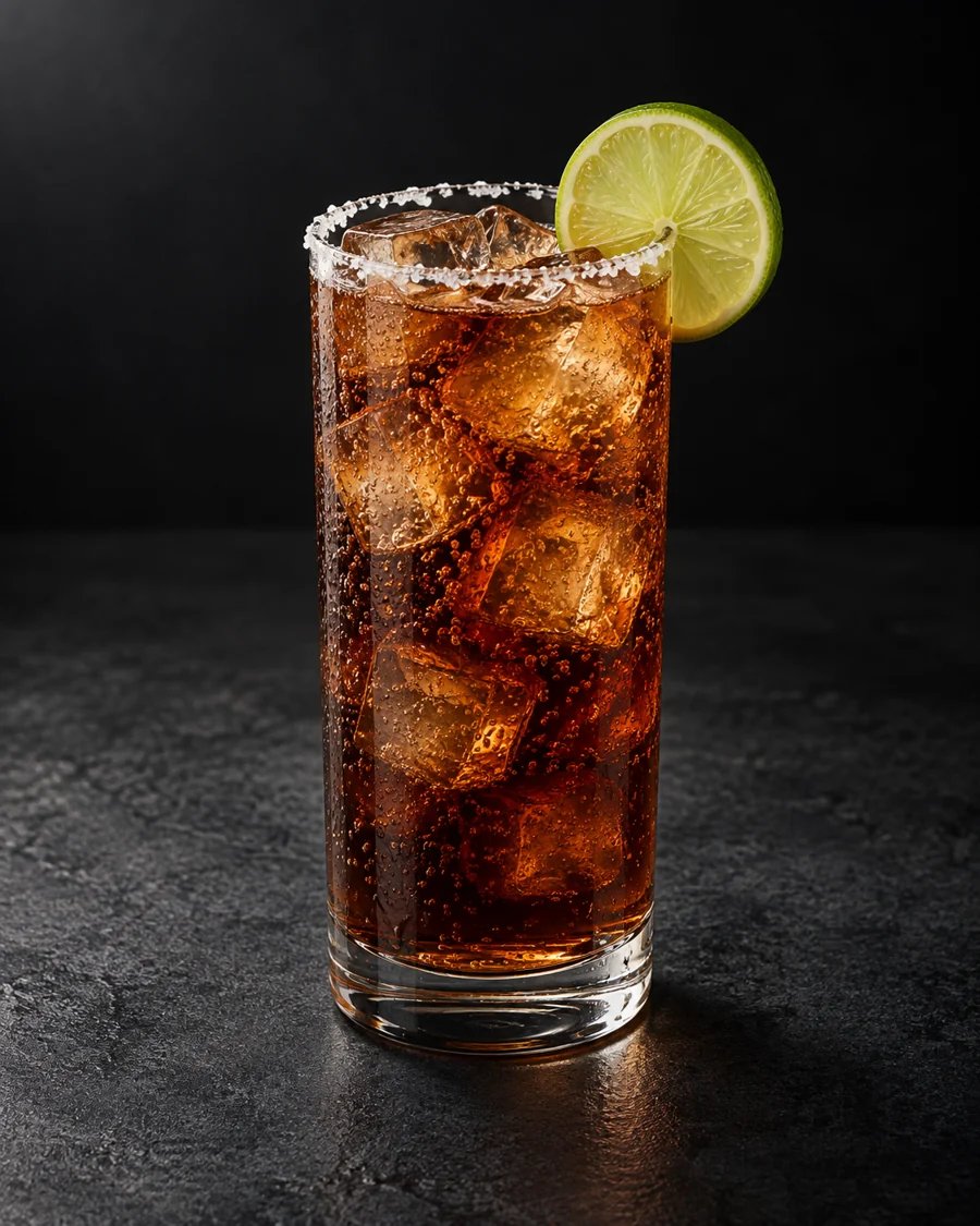 Dark brown Batanga over ice in a highball with a light salt rim and lime wheel.