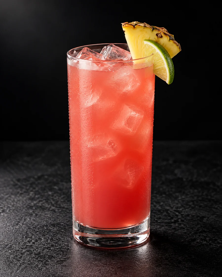Cloudy pink-red Bay Breeze over ice in a highball with a pineapple wedge and lime half-wheel.