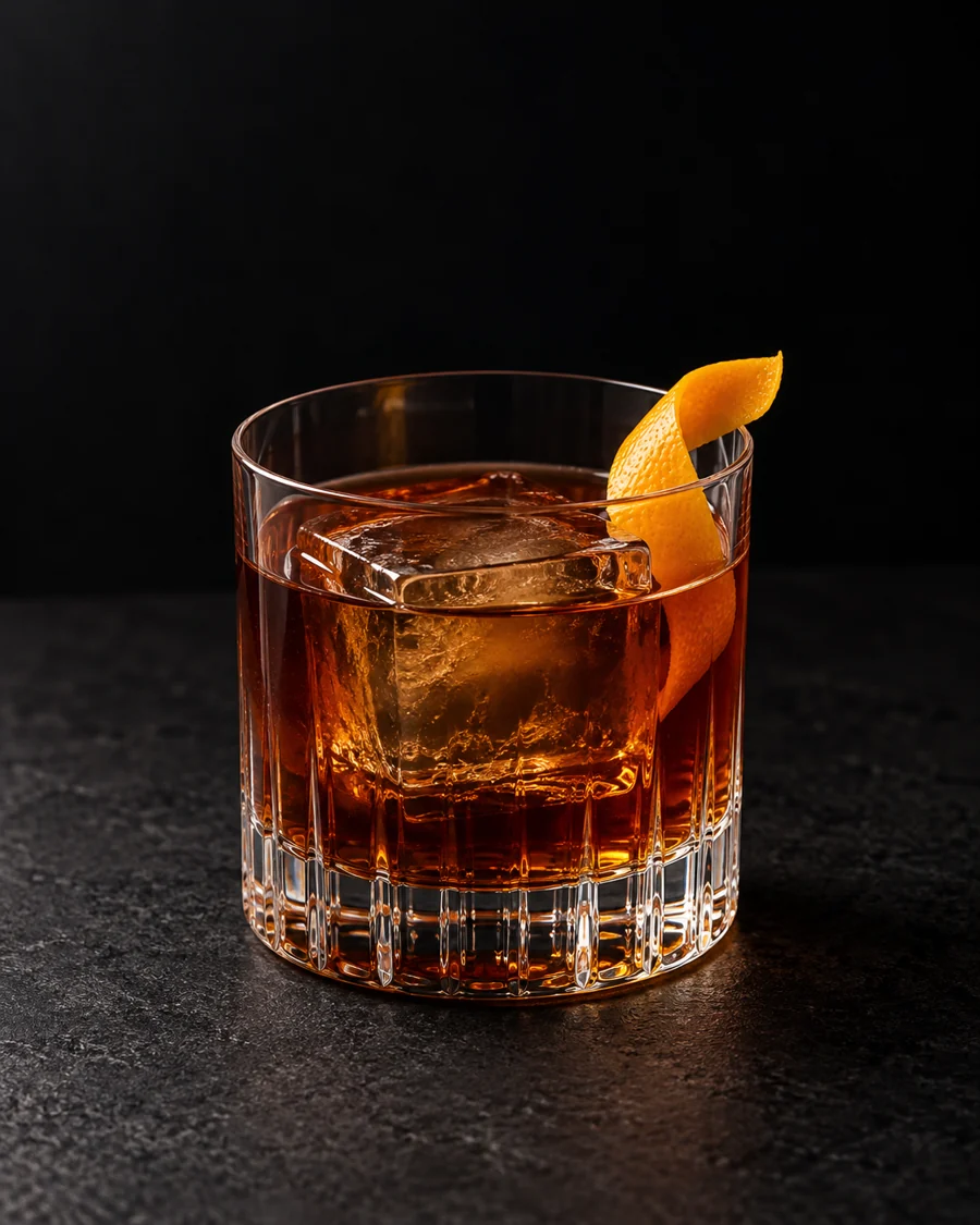 clear deep brown Beach Campfire over one large cube in a rocks glass with orange twist.