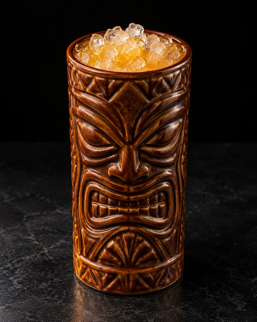 Beachbum's Own in a ceramic tiki mug, with crushed ice, ungarnished, against a black background.