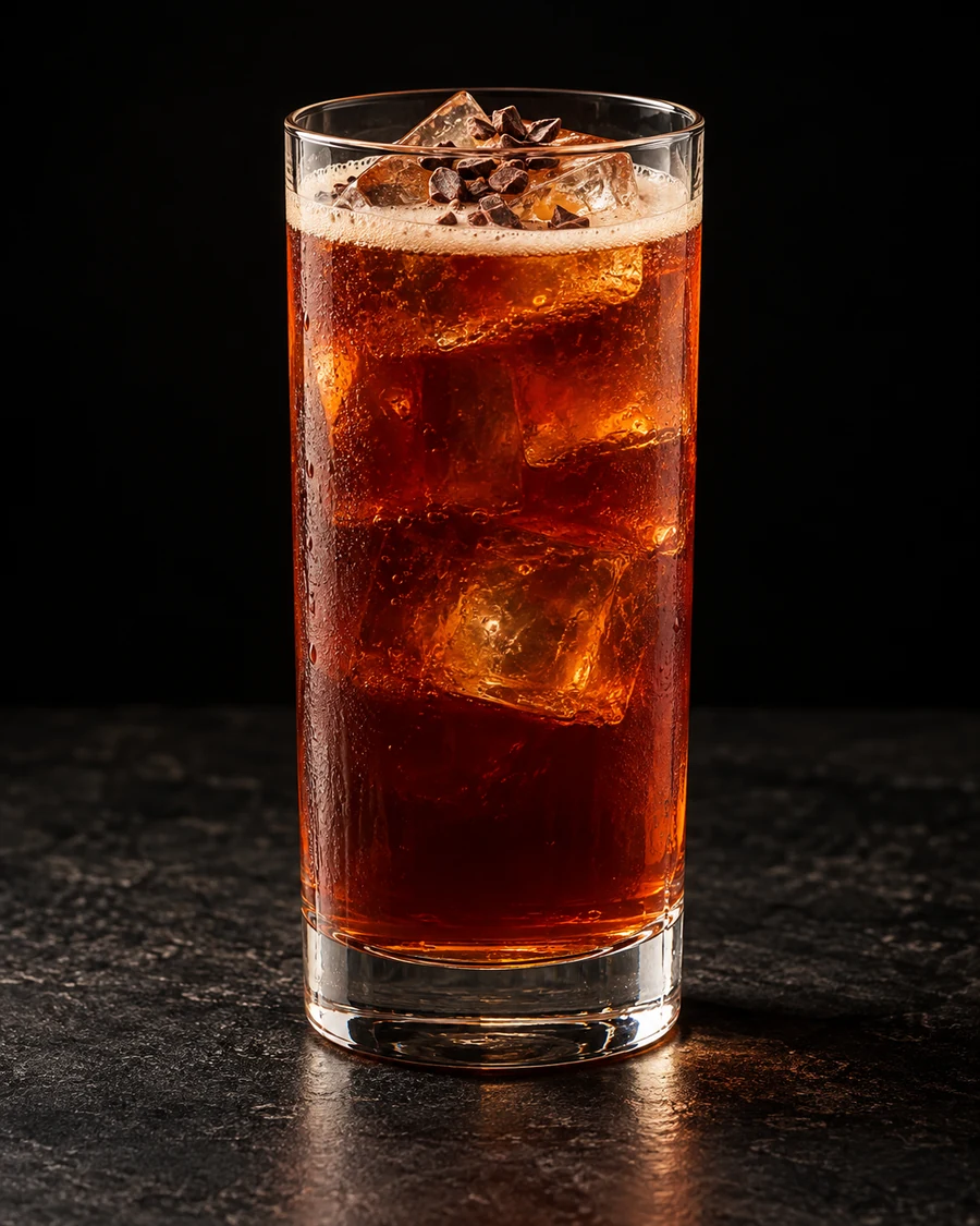 Beermüth in a Collins glass, over fresh ice cubes, garnished with a small pinch of cocoa nibs, against a black background.