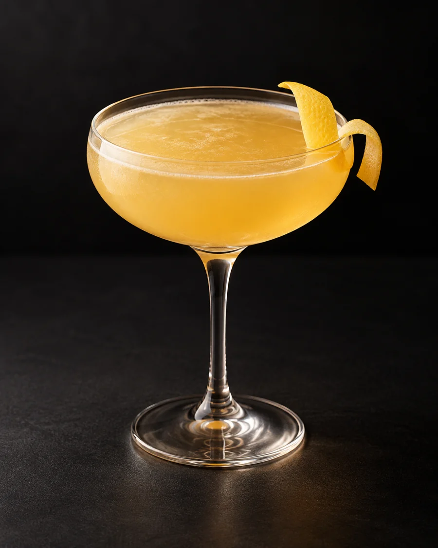 Bee's Knees served in a coupe glass with a lemon twist against a black background.