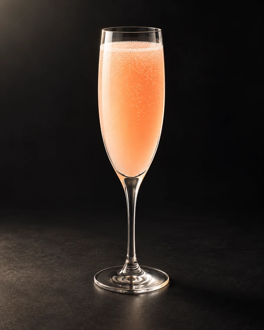 Bellini served in a flute glass against a black background.