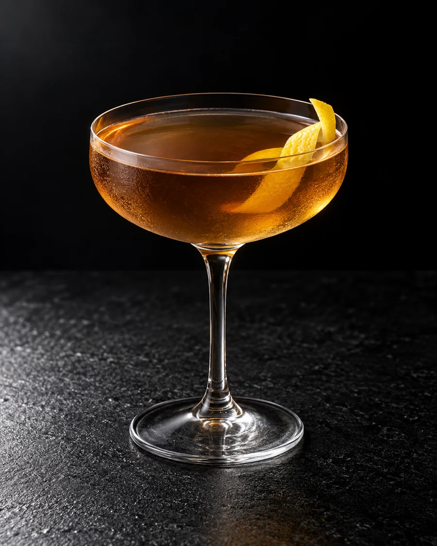clear to lightly aerated amber Belvedere Cocktail in a coupe with lemon twist, no ice.