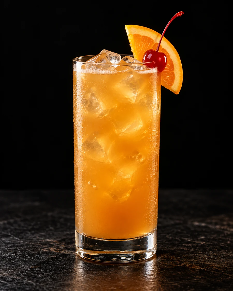 Bermuda Rum Swizzle in a highball glass, with ice cubes, garnished with orange slice and cocktail cherry, against a black background.