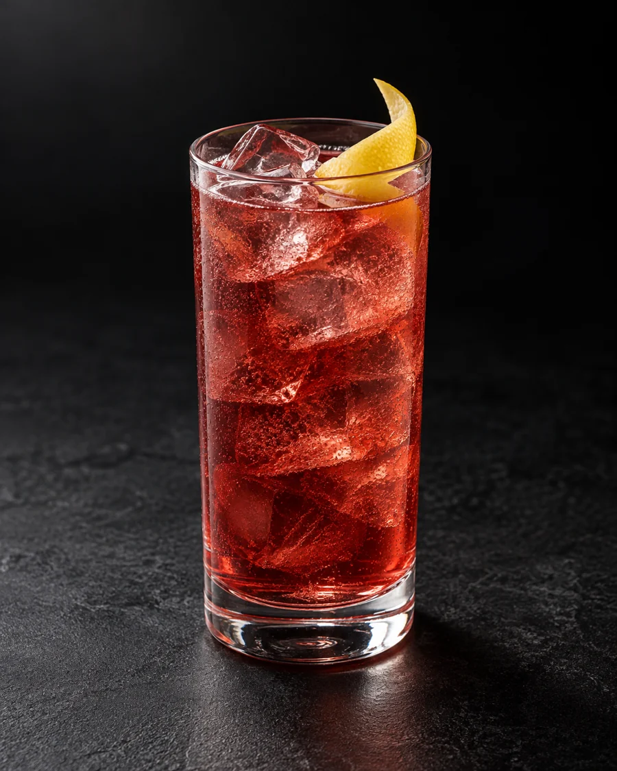 clear muted ruby Berry to Ferry in a highball over ice with lemon twist.