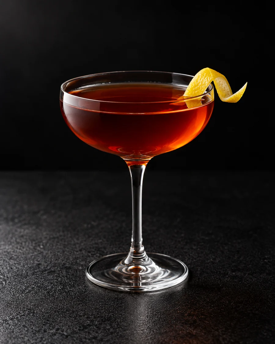 Clear deep amber-red Betsy Ross in a coupe with lemon twist, no ice.