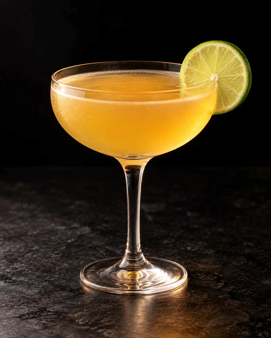 Between The Devil And The Deep Blue Sea: cloudy golden-yellow cocktail in a chilled stemmed coupe, served without ice with a lime wheel on the rim.
