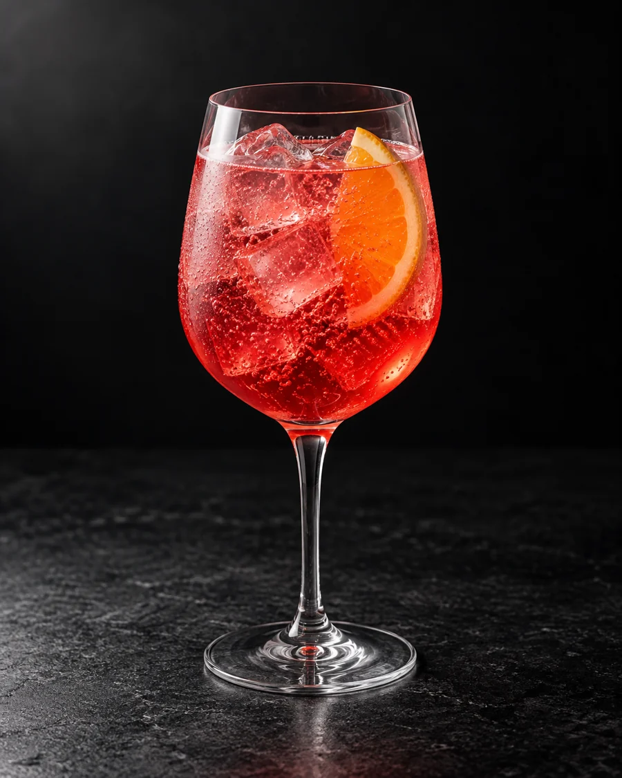 Bright pink-red Bicicletta in a wine glass over ice with orange slice and light bubbles.