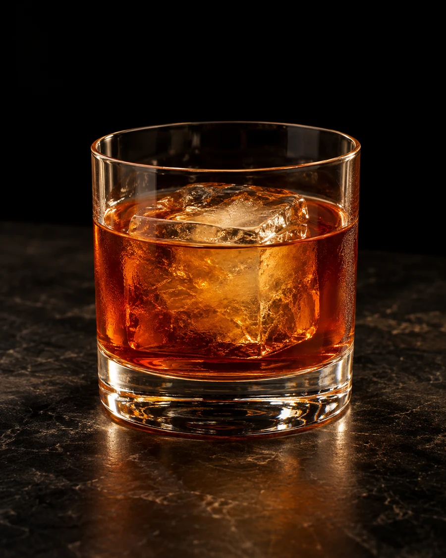 Big Spender: Amber drink in rocks glass, one large cube, no garnish.