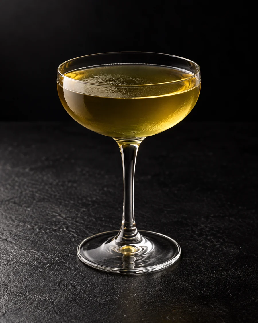 Amber-green Bijou in a small coupe without ice or garnish.