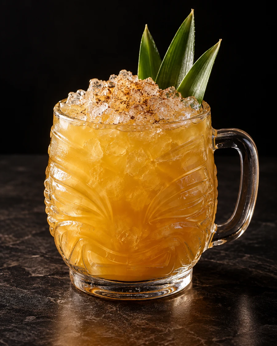 Bird Is The Word: Golden tropical cocktail in a handled glass mug with crushed ice, grated cinnamon and pineapple leaves.