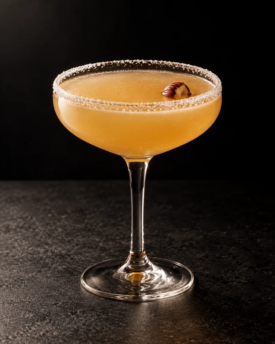 pale cloudy golden Bistro Sidecar in a sugar-rimmed coupe with one roasted hazelnut, no ice.