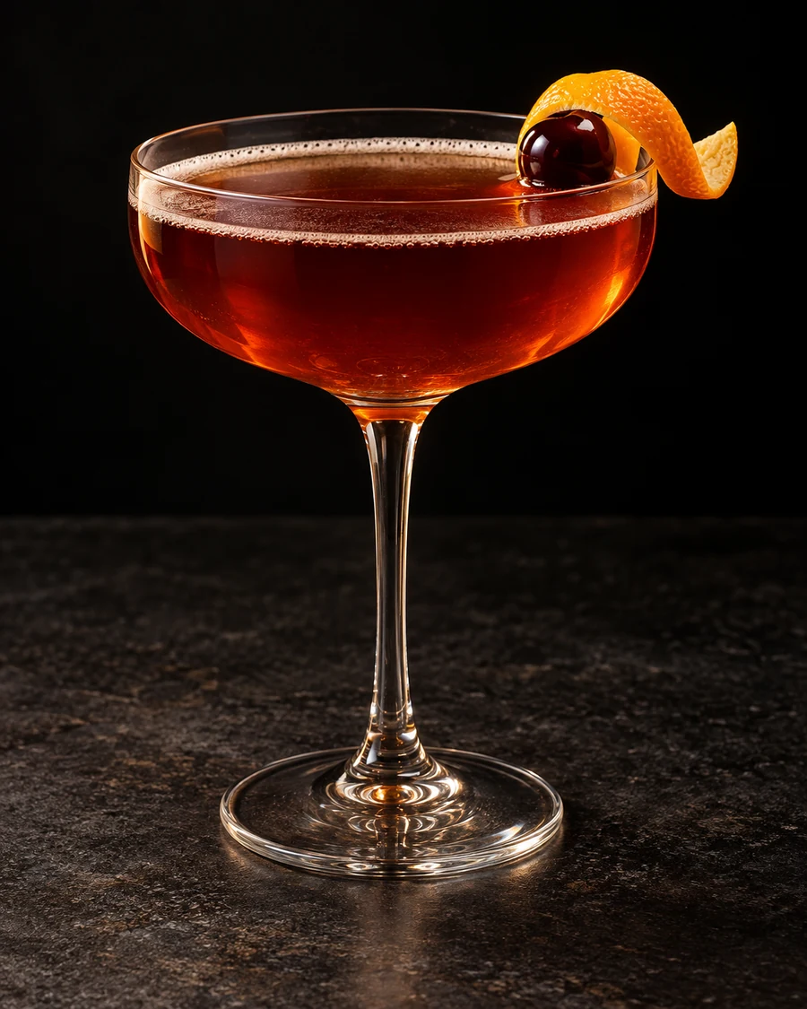 Bitches’ Brew in a coupe, served without ice, garnished with orange twist and cocktail cherry, against a black background.