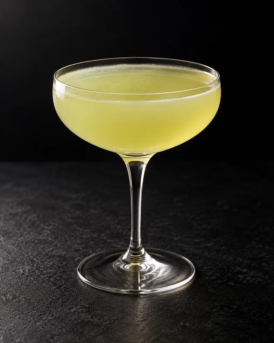 pale cloudy yellow-green Biter in a coupe without ice or garnish.