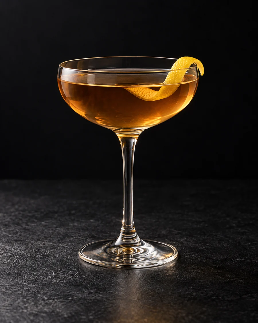 clear pale amber Black Feather in a coupe with lemon twist, no ice.
