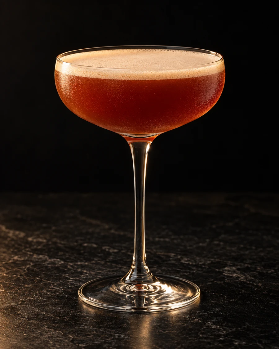Black Hand Society in a chilled coupe, served without ice, with no garnish, against a black background.