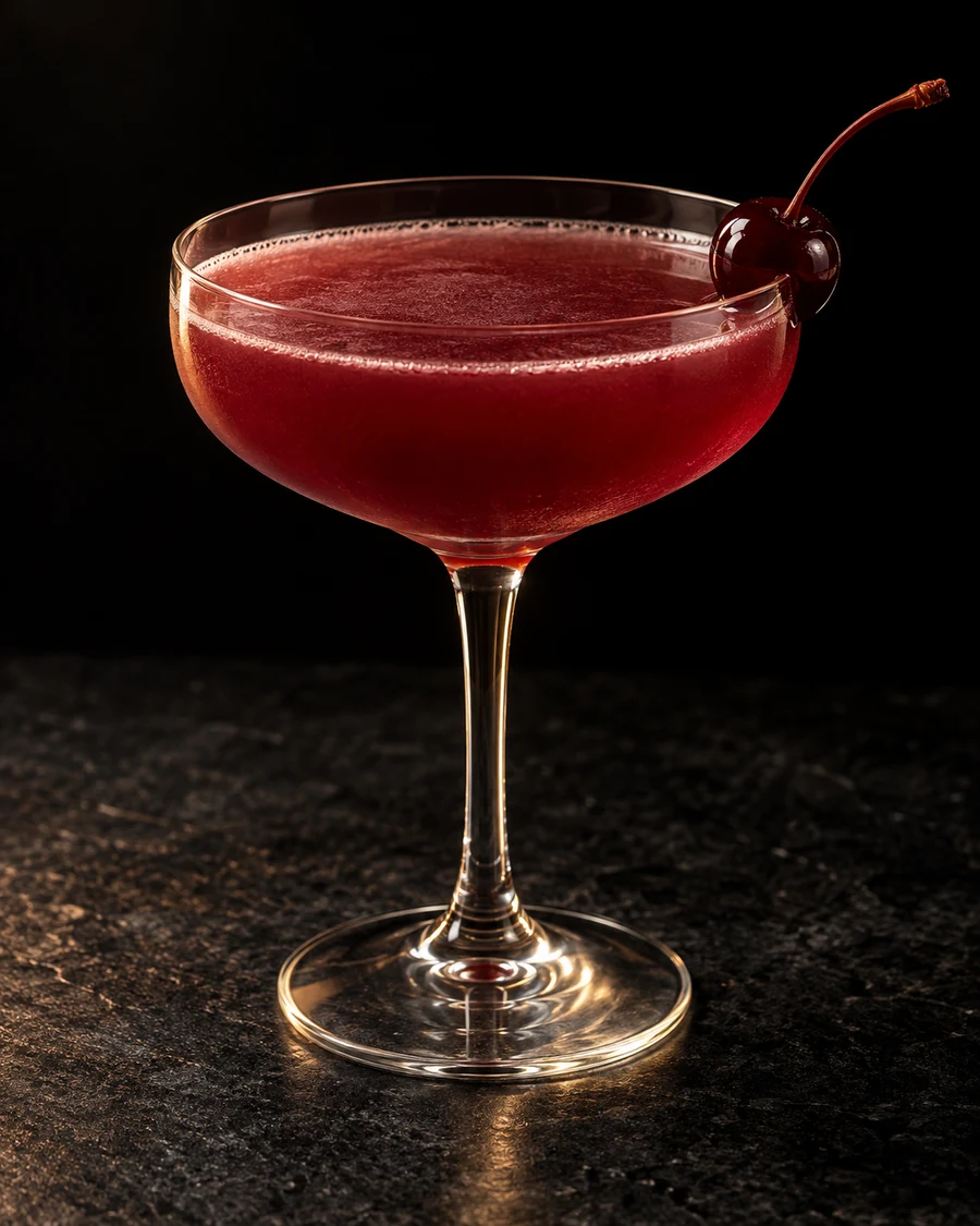 Black Hawk in a coupe glass, without ice, garnished with cherry, against a black background.