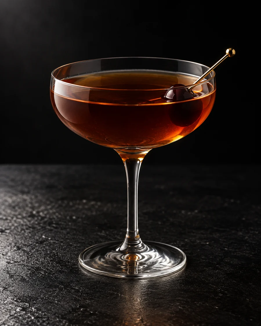 Clear deep amber-brown Black Manhattan in a coupe with one cherry, no ice.