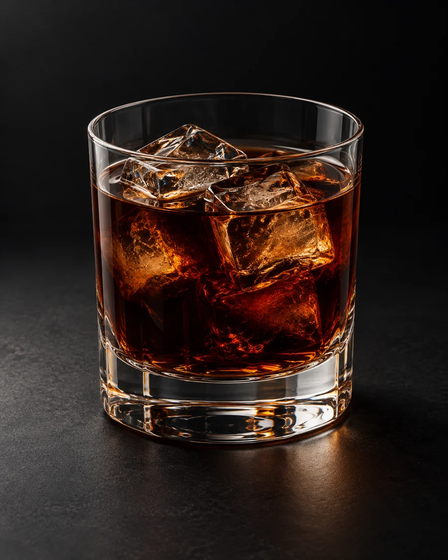Black Russian served in a rocks glass against a black background.