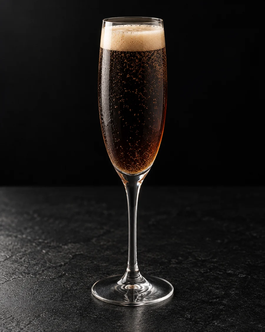 Dark brown-black sparkling drink in a flute with a light tan foam head, no ice or garnish.