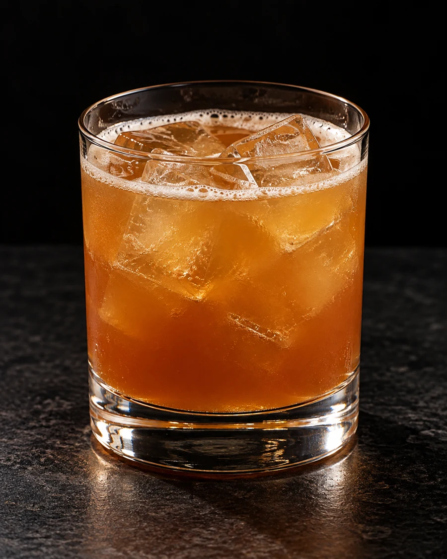Blackheart in a rocks glass, over fresh ice cubes, ungarnished, against a black background.