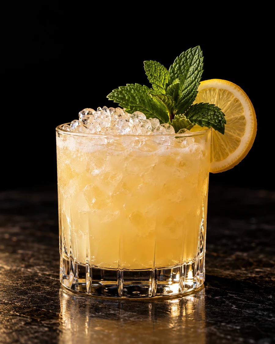 Blanc Slate. Rocks glass, crushed ice, golden yuzu-pineapple body, mint sprig and lemon wheel.