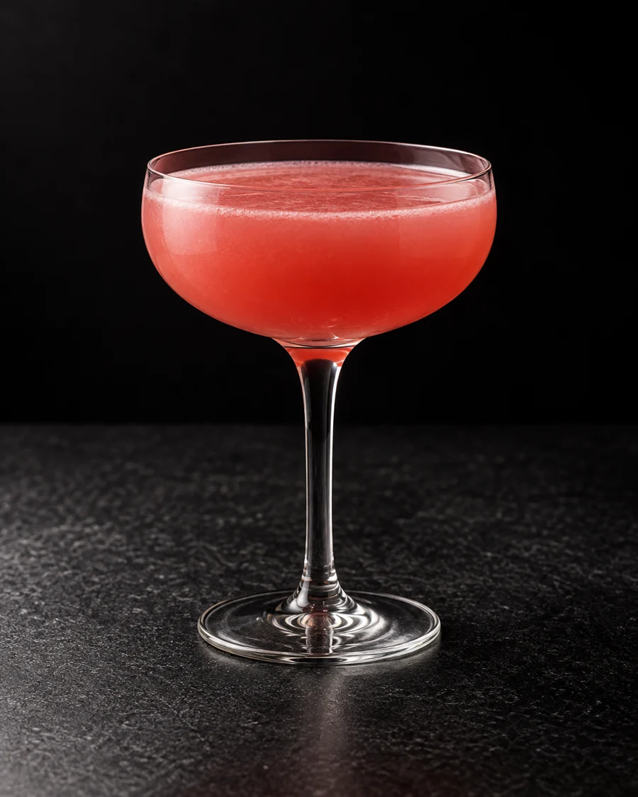 Cloudy pink-red cocktail in a coupe, no serving ice and no garnish.