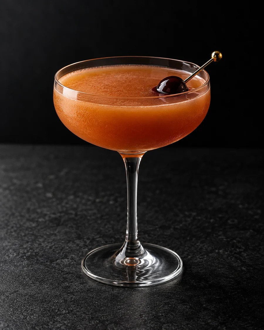 Cloudy orange-brown Blood and Sand in a coupe with one cherry, no ice.
