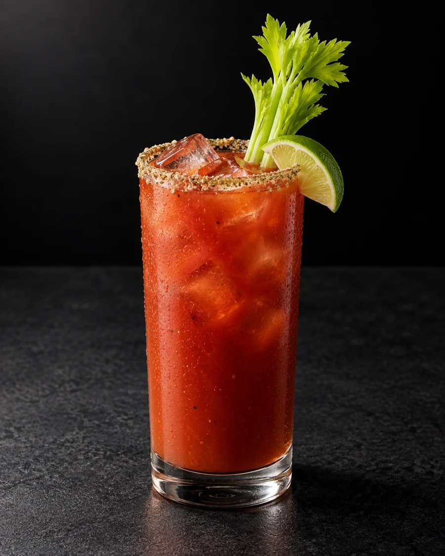 opaque red Bloody Caesar over ice in a highball with celery-salt rim, celery stalk and lime wedge.