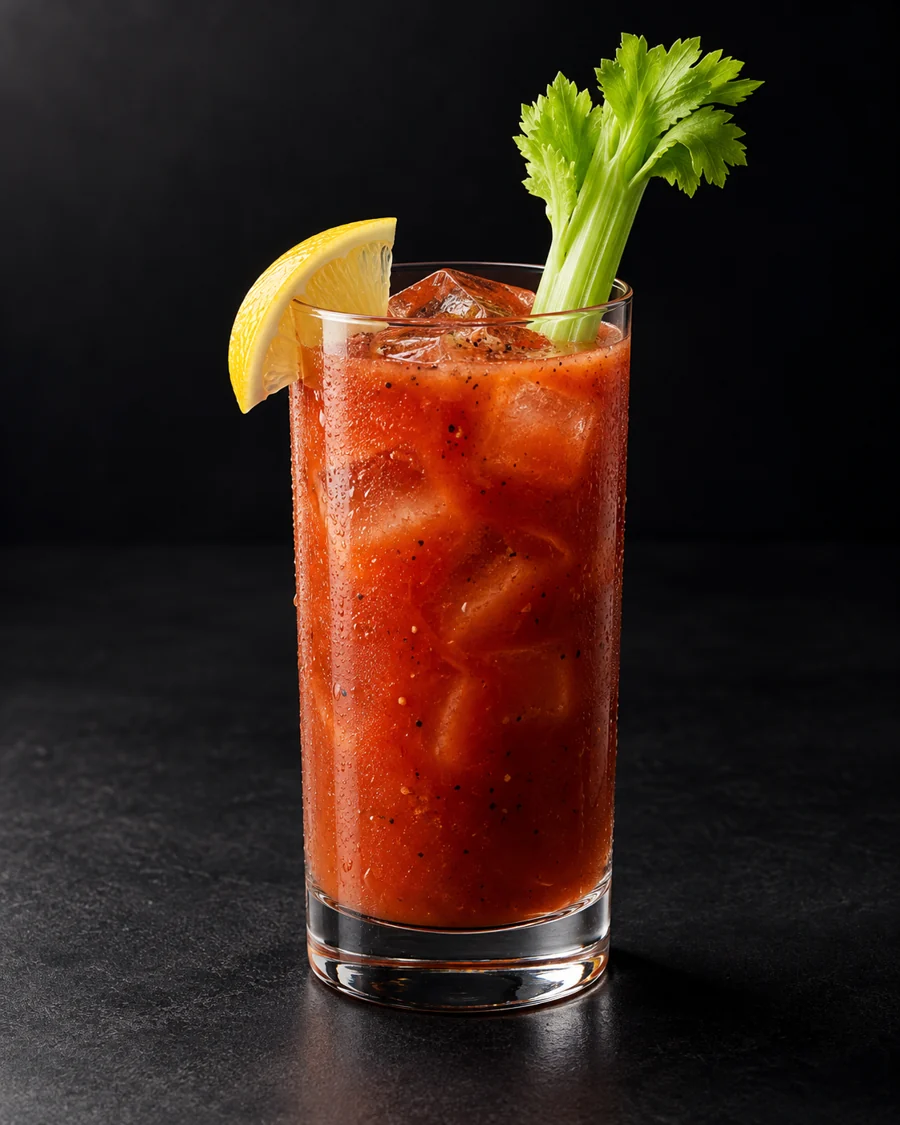 Bloody Mary served in a highball glass with a celery stalk and lemon wedge against a black background.