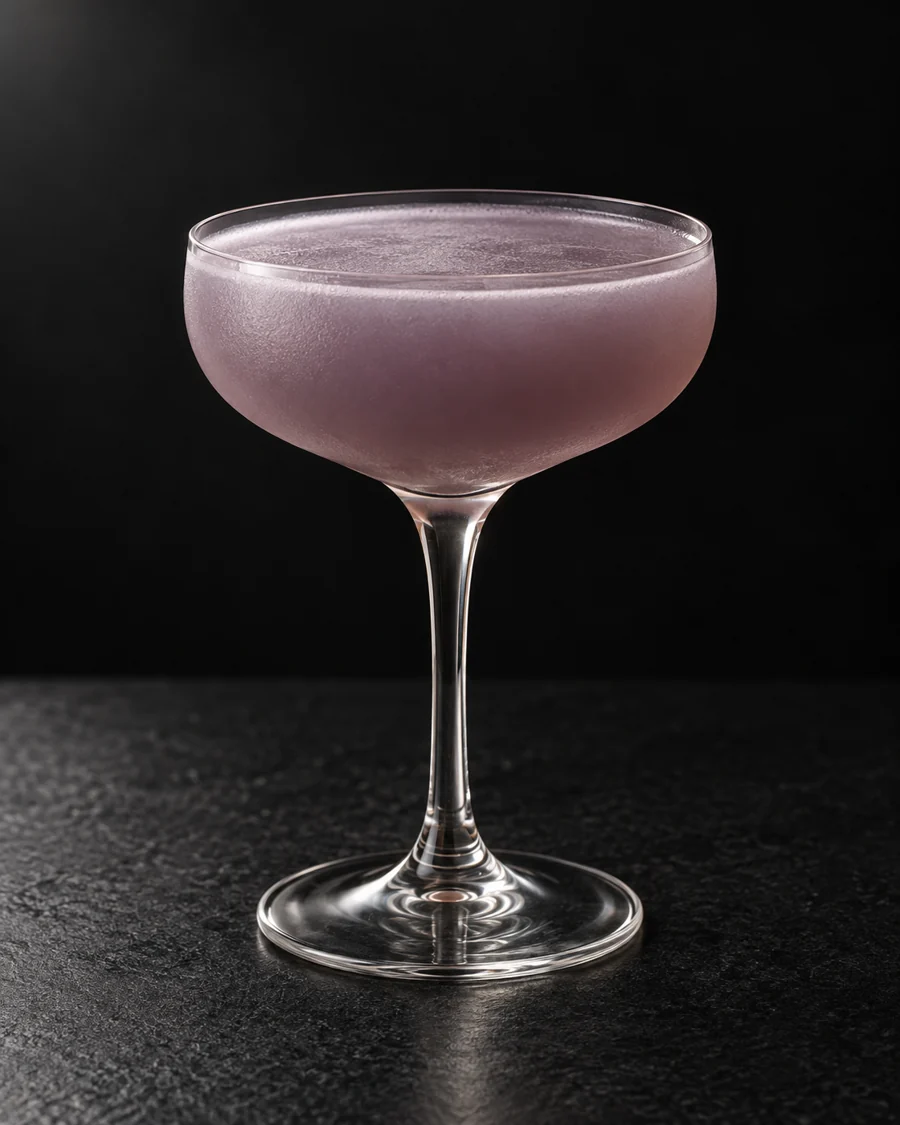 cloudy muted mauve Blooey Blues in a coupe without ice or garnish.