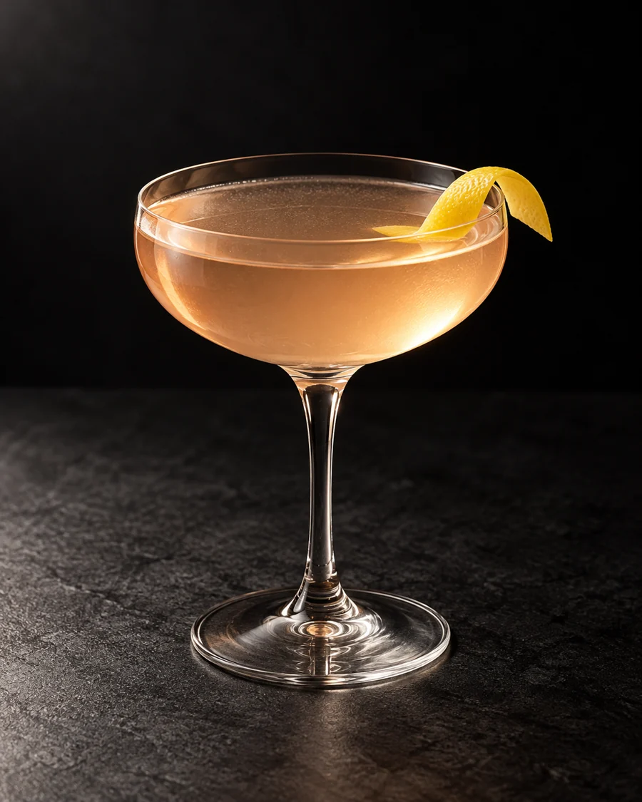 clear pale golden-pink Bloomsbury in a coupe with lemon twist, no ice.