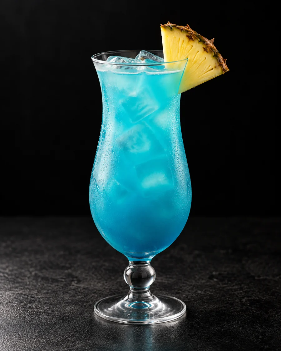 Turquoise-blue Blue Hawaii in a hurricane glass over ice cubes, pineapple wedge.