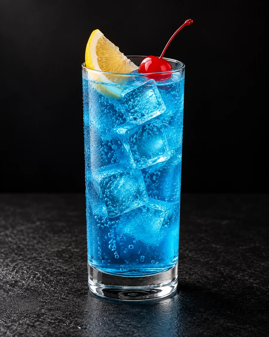 Bright blue Blue Lagoon in a highball with ice cubes, lemon wedge and red cocktail cherry.