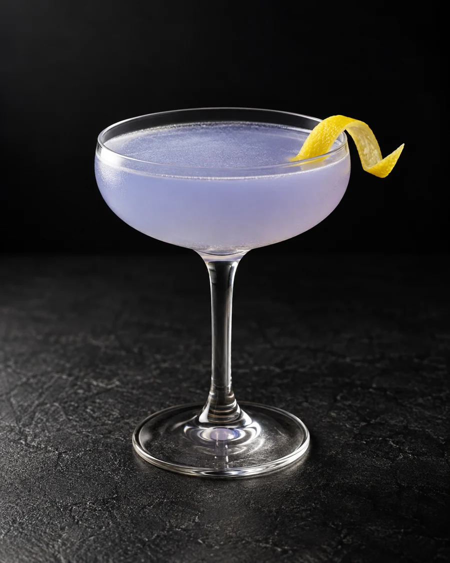 Pale cloudy lavender Blue Moon in a coupe with lemon twist and no ice.
