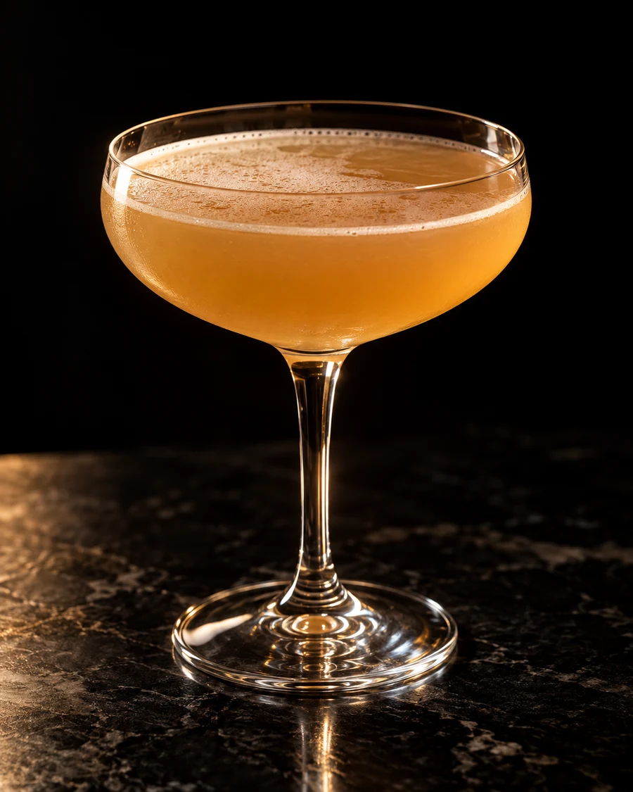 Bo & Luke. Coupe glass with a golden cinnamon-rye drink, thin natural froth, no ice and no garnish.