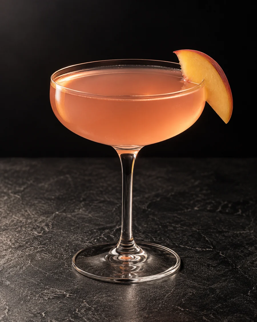 clear pale peach-pink Bobbo’s Bride in a coupe with one peach slice, no ice.